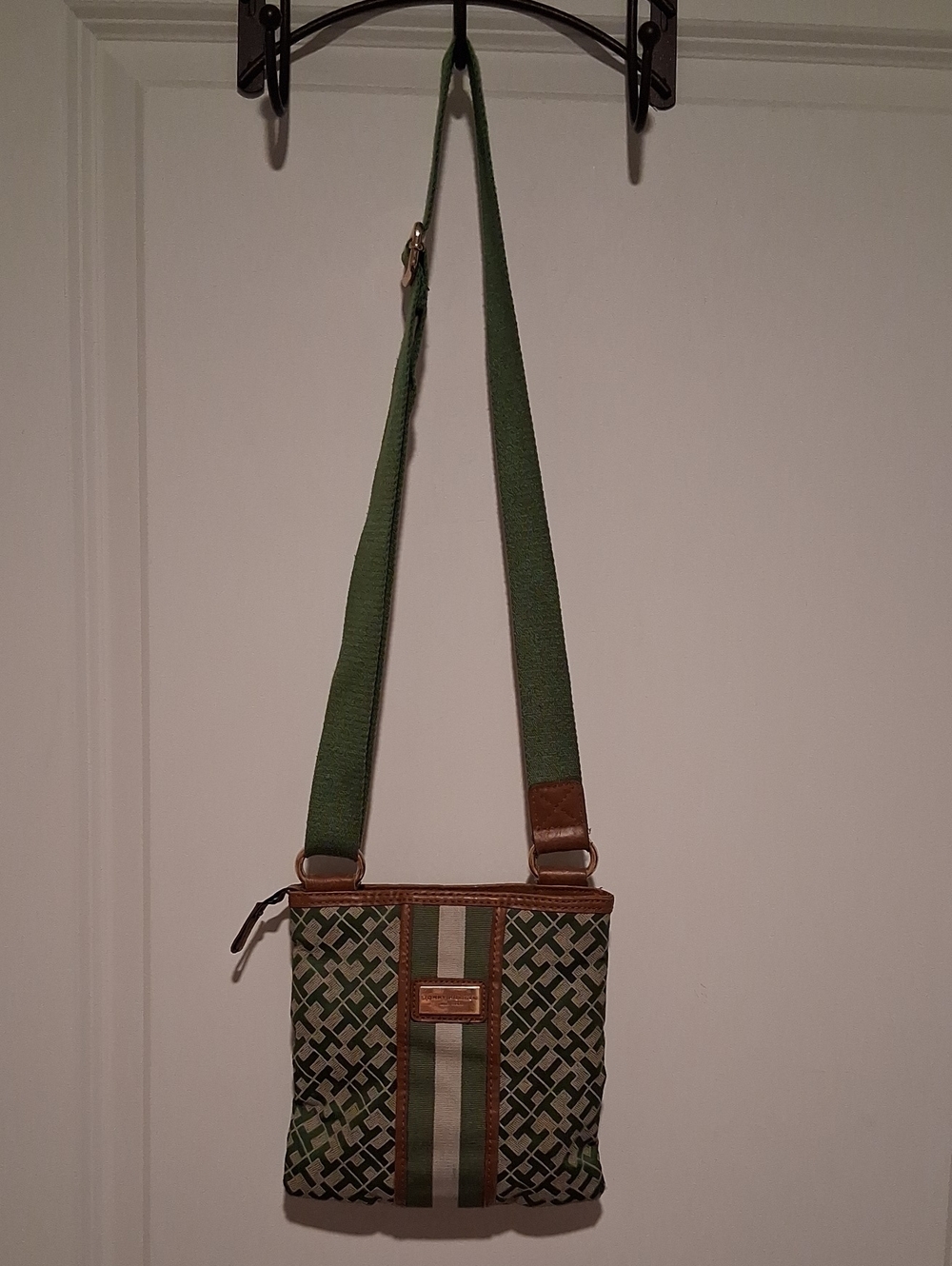 Tommy Hilfiger Green Patterned Crossbody Bag with Brown Trim